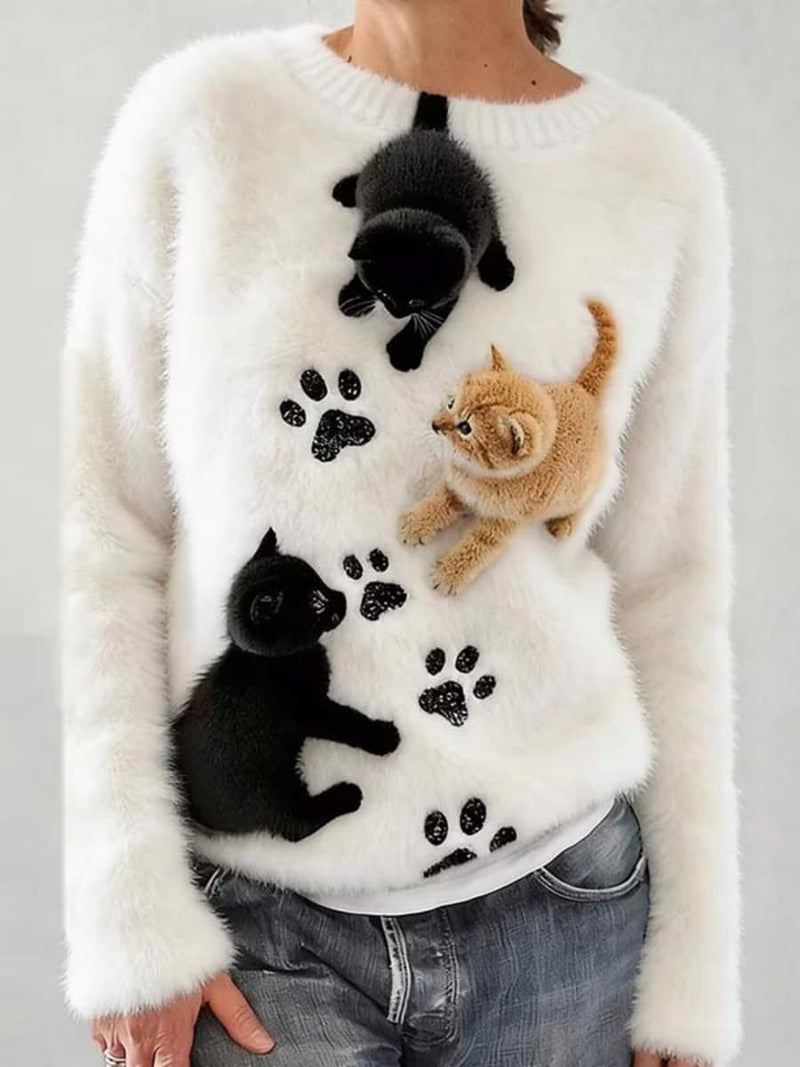 Women's White Cat Round Neck Long Sleeve Top