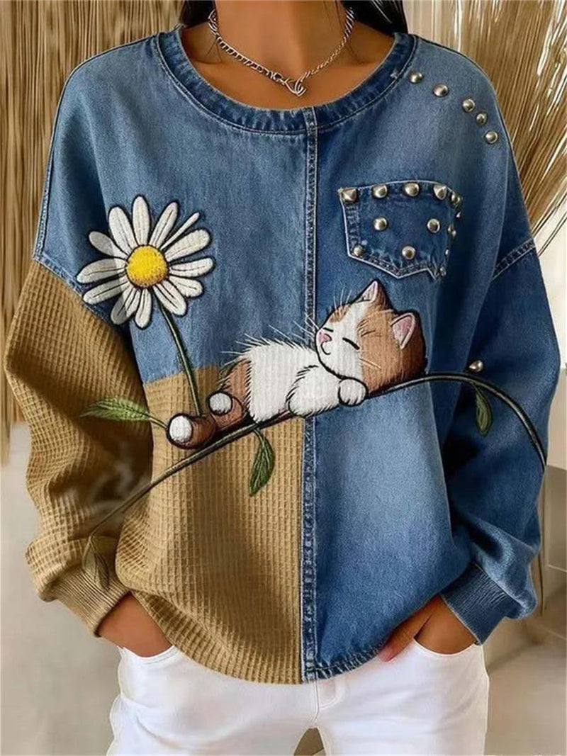 Women's Multi Cat Floral Round Neck Long Sleeve Top