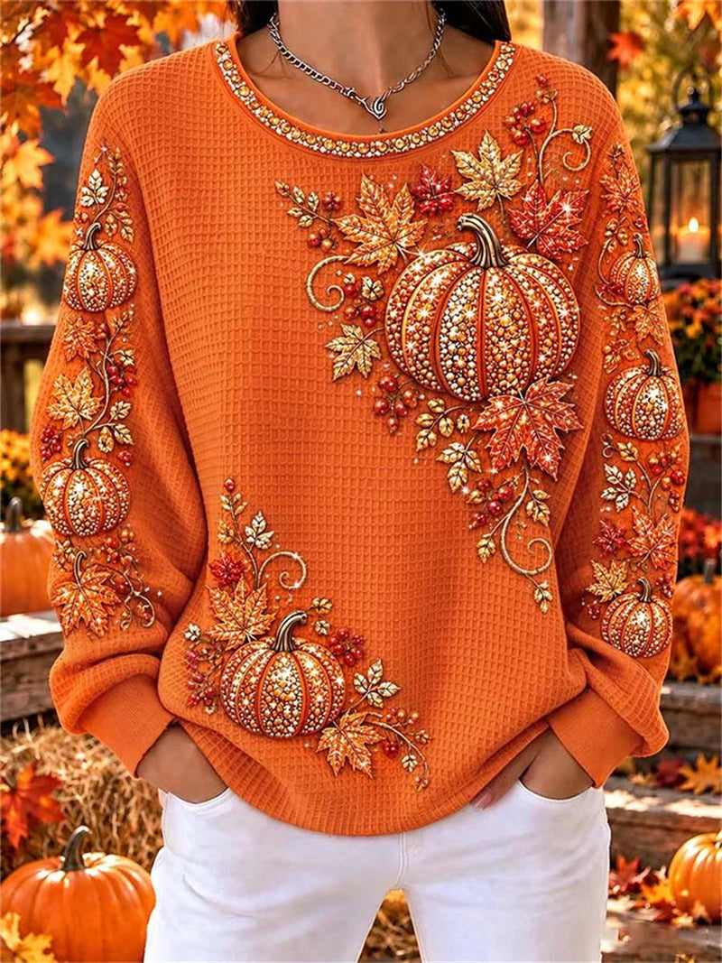 Women's Thanksgiving Orange Pumpkin Maple Leaf Round Neck Long Sleeve Top