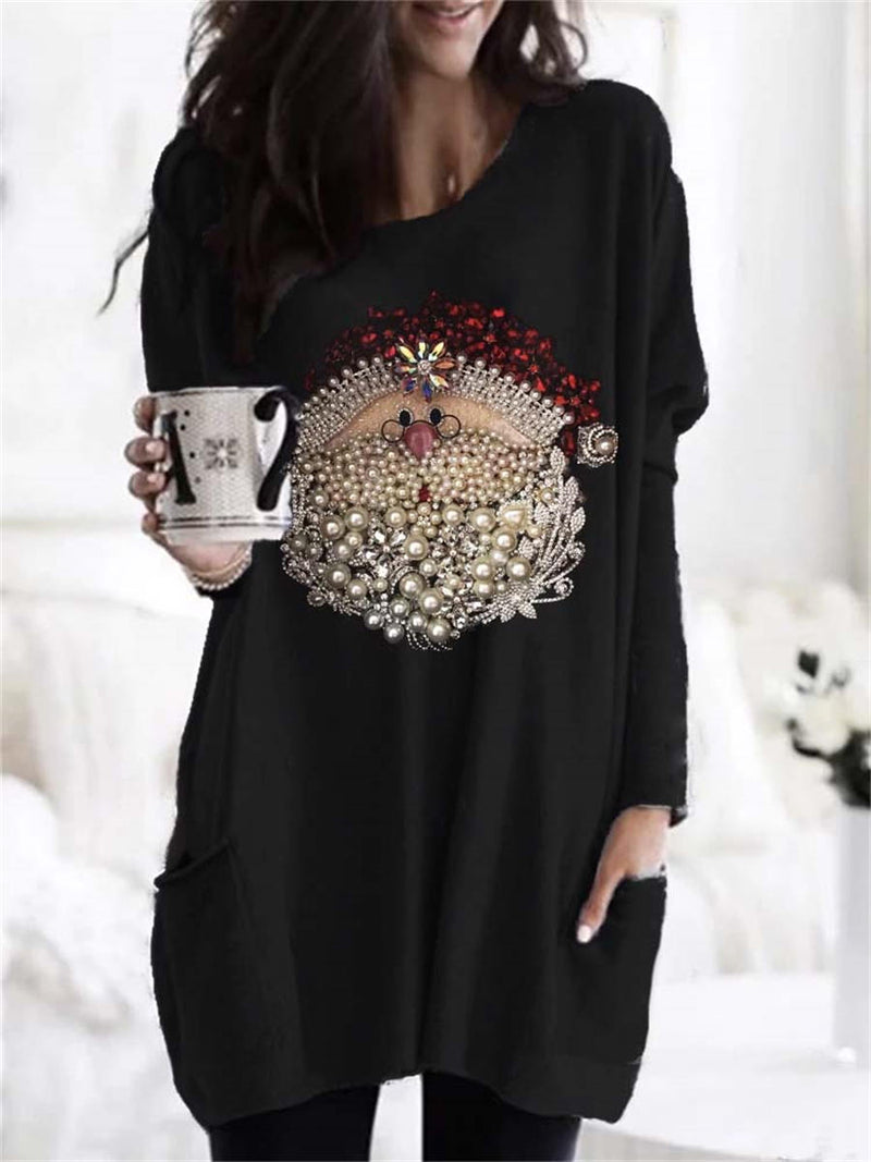 Women's Christmas Black Santa Claus V Neck Long Sleeve Top