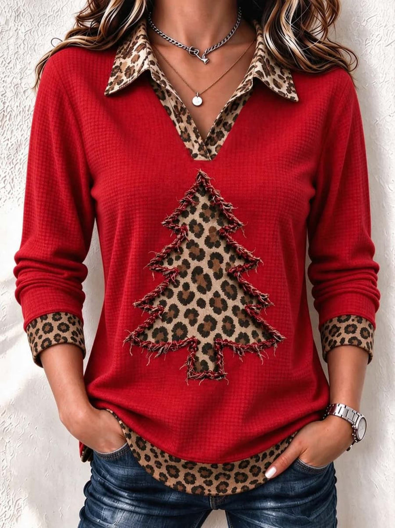 Women's Christmas Red Christmas Tree Leopard V Neck Long Sleeve Top