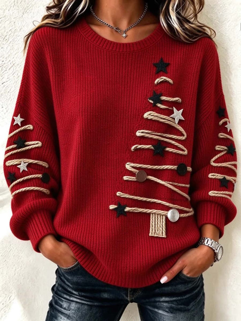 Women's Christmas Red Christmas Tree Round Neck Long Sleeve Top