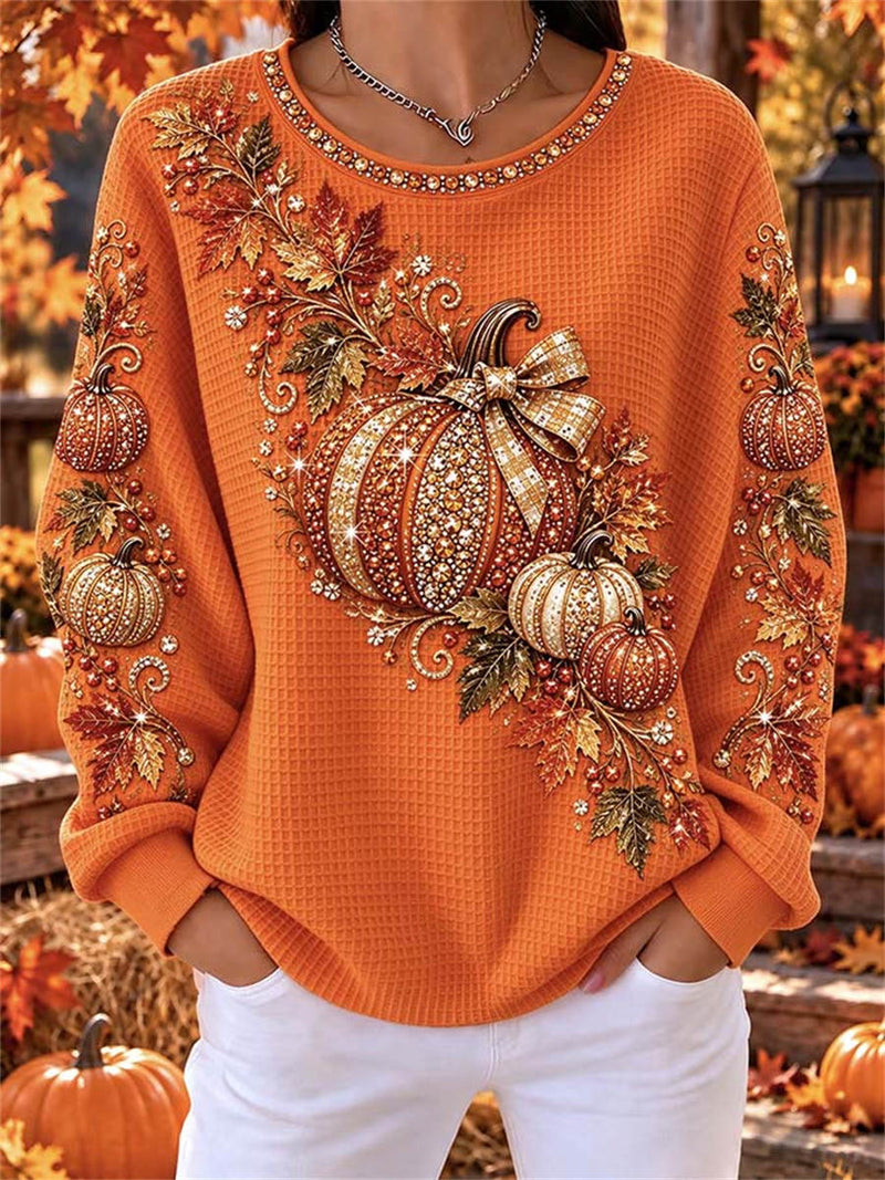 Women's Thanksgiving Orange Pumpkin Maple Leaf Round Neck Long Sleeve Top
