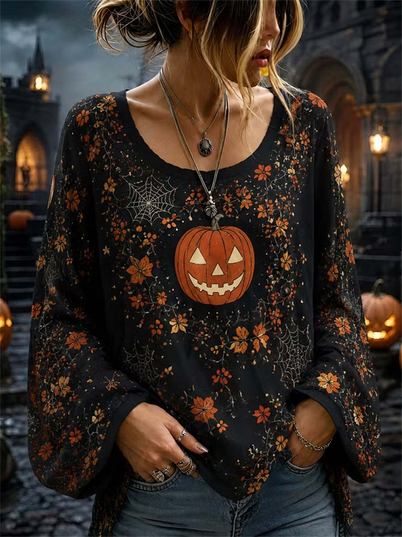 Women's Halloween Black Pumpkin Floral Spiderweb Round Neck Long Sleeve Top