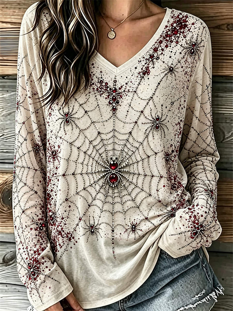 Women's Halloween Beige Spider Web Gem Print V Neck Top