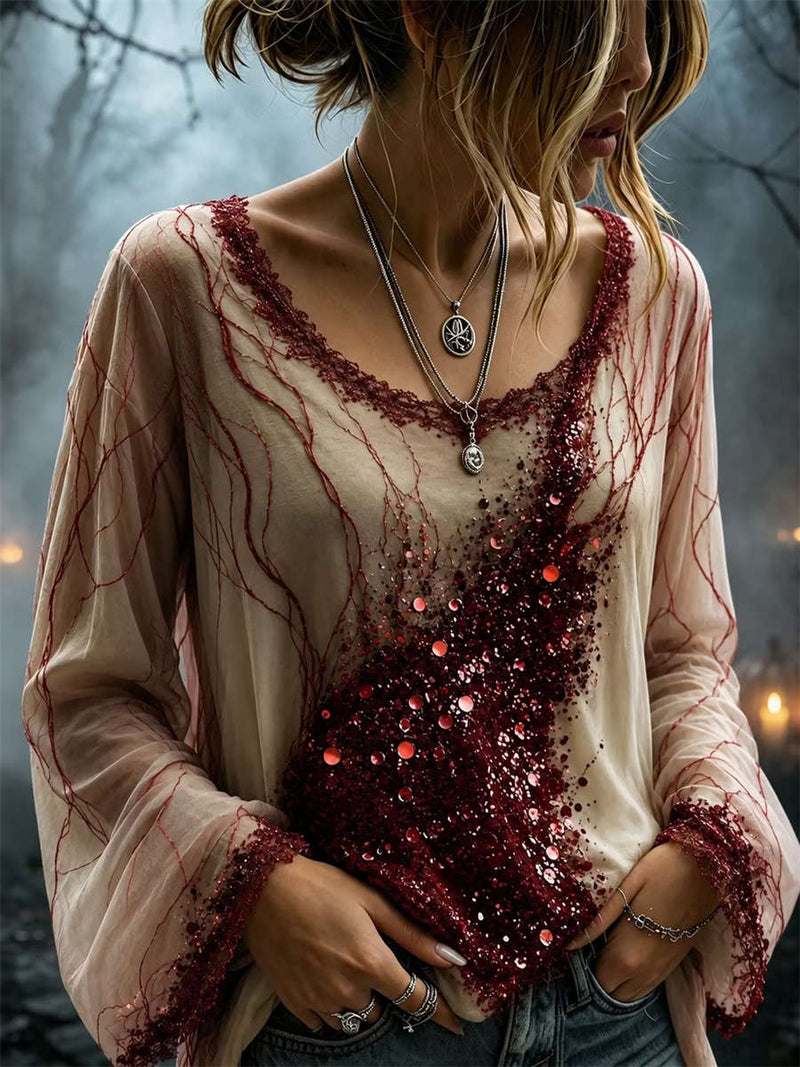Women's Halloween Multi Mesh V Neck Long Sleeve Top