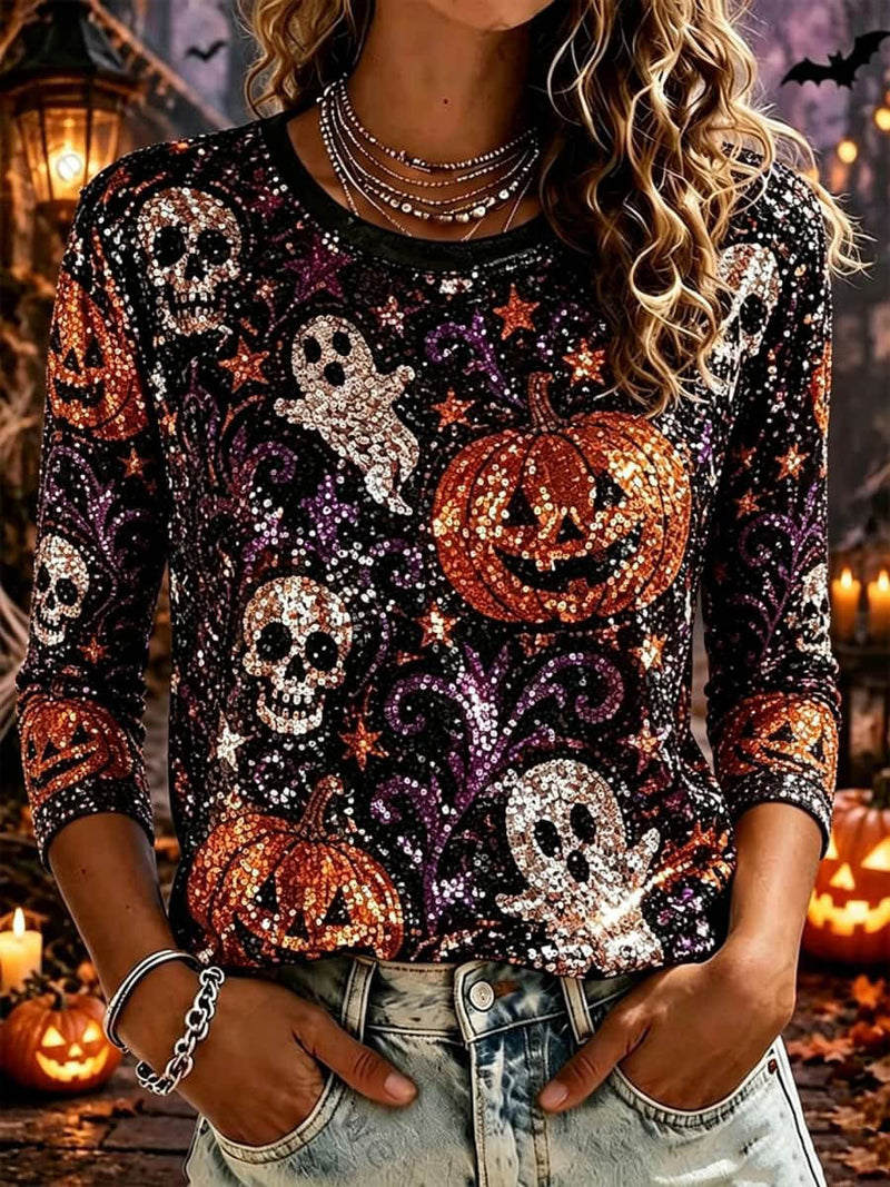 Women's Halloween Multi Pumpkin Ghost Skull Print Three Quarter Sleeves Top
