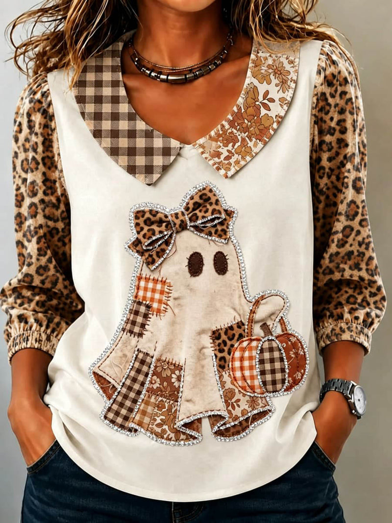 Women's Halloween Off White Ghost Pumpkin Leopard Plaid Patchwork Peter Pan Collar Three Quarter Sleeve Top