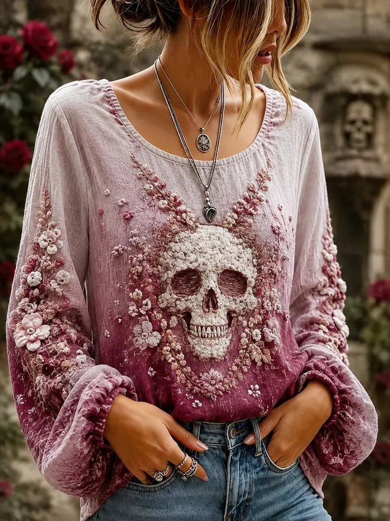 Women's Halloween Purple Gradient Skull Floral Print Round Neck Top