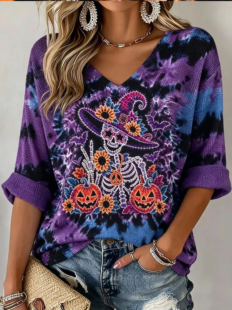 Women's Halloween Multi Tie Dye Skeleton Pumpkin Sunflower Print V Neck Three Quarter Sleeve Top