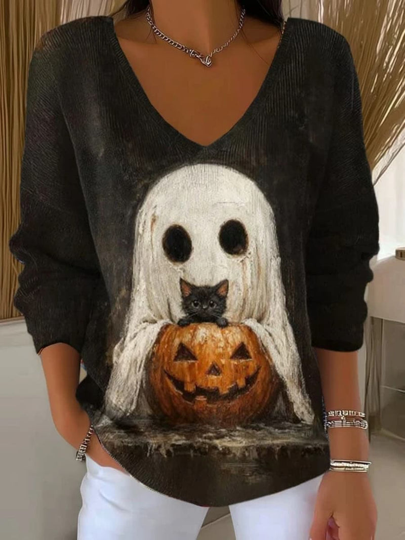 Women's Halloween Black Ghost Cat Pumpkin Print V Neck Long Sleeve Top