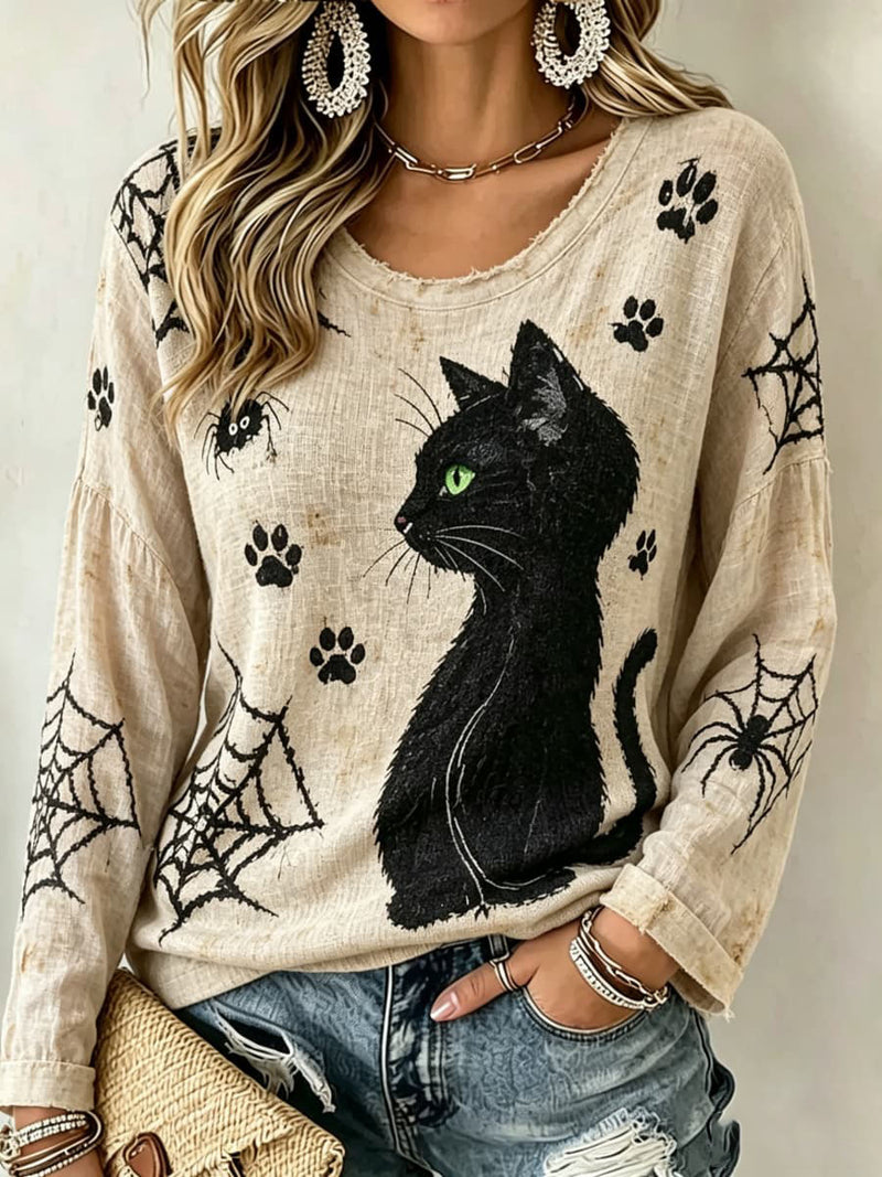Women's Halloween Beige Black Cat Spider Web Paw Print Round Neck Long Sleeve Top