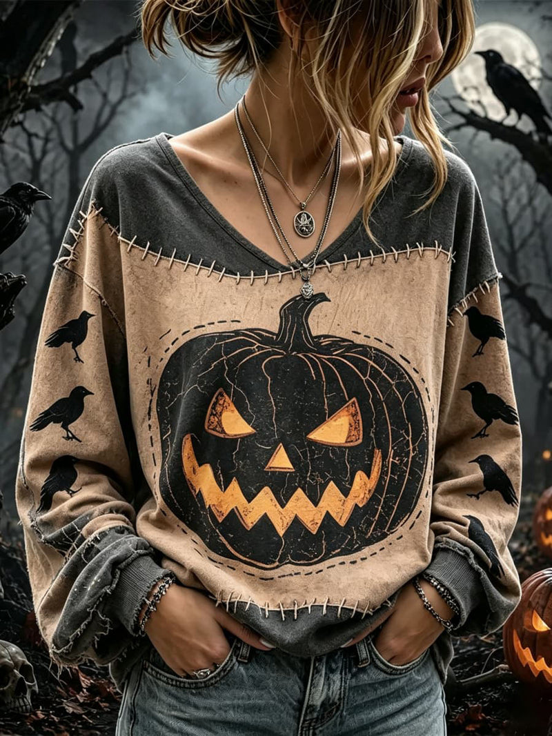 Women's Halloween Multi Pumpkin Crow V Neck Long Sleeve Top
