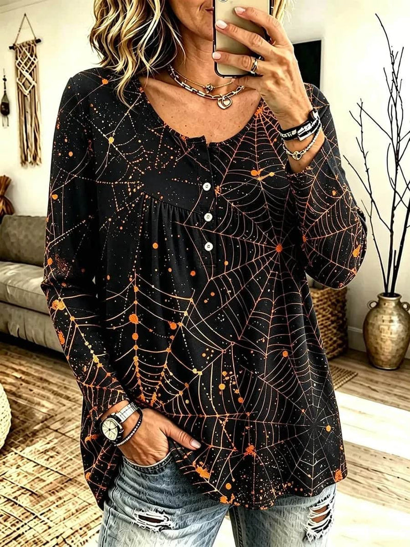 Women's Halloween Black Spider Web Henley Neck Long Sleeve Top