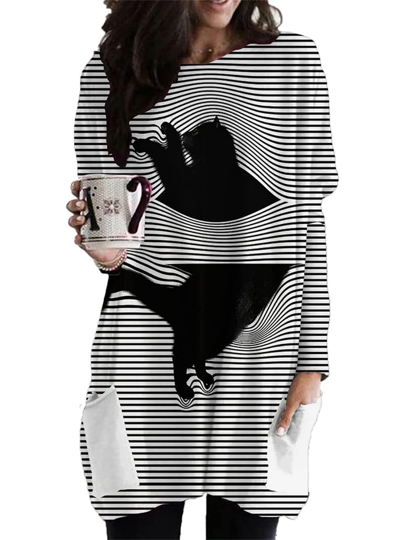 Women's Black White Stripe Cat Print Round Neck Long Sleeve Top