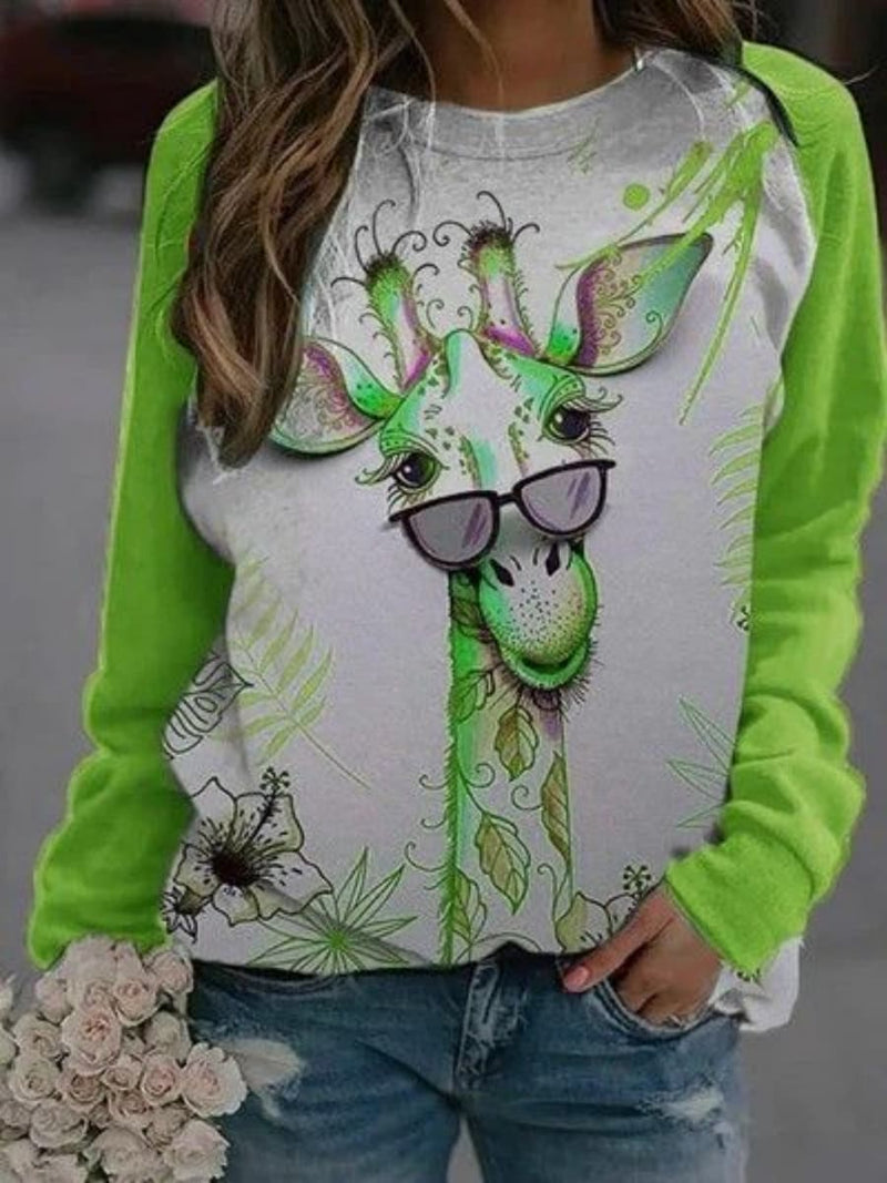 Women's Multi Giraffe Animal Print Round Neck Raglan Long Sleeve Top