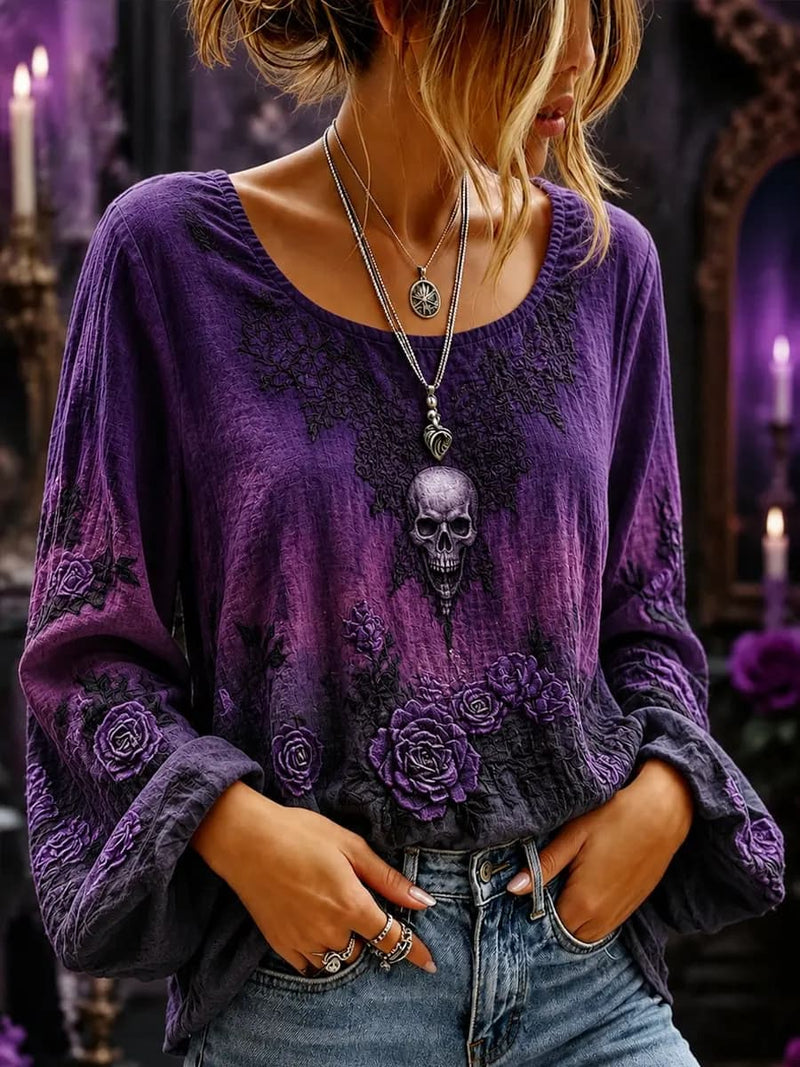 Women's Halloween Purple Skull Rose Print Round Neck Long Sleeve Top