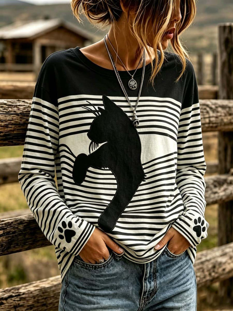 Women's Halloween Black White Stripe Black Cat Print Round Neck Long Sleeve Top