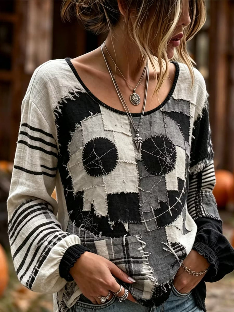 Women's Halloween Multi Patchwork Skull Spider Web Print Round Neck Top