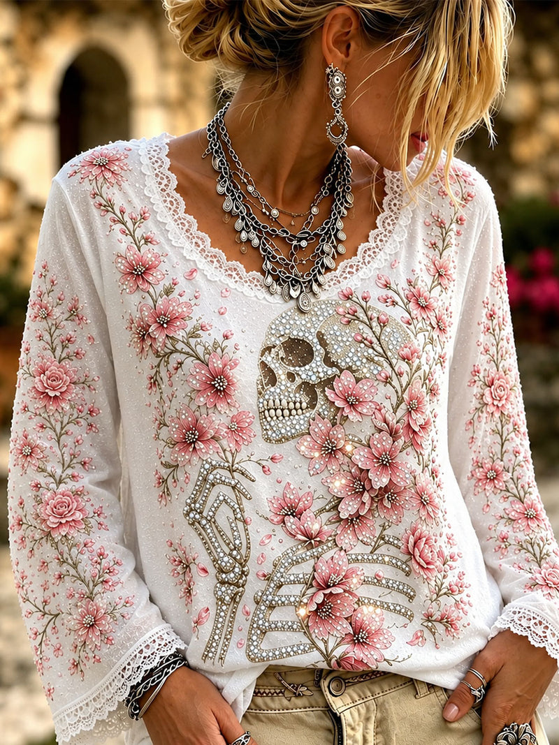 Women's Halloween White Skull Floral Lace Trim Round Neck Long Sleeve Top