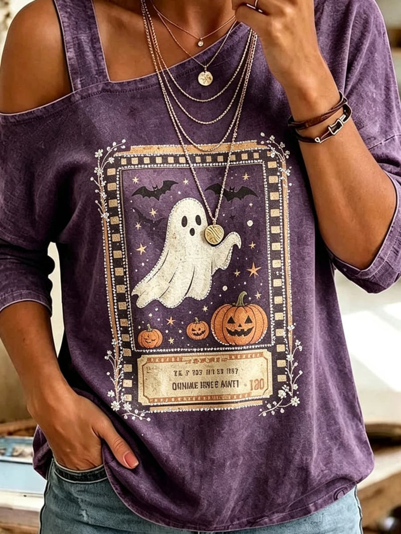 Women's Halloween Purple Ghost Pumpkin Print Off Shoulder Three Quarter Sleeves Top