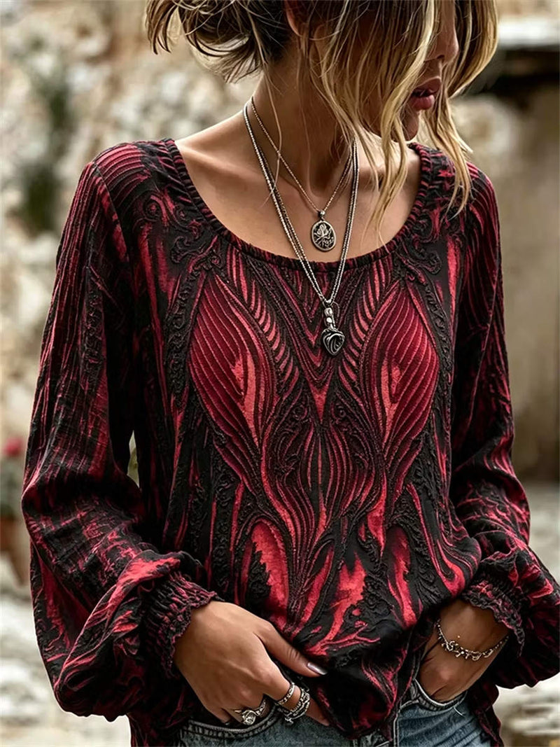 Women's Halloween Burgundy Anatomical Art Crew Neck Long Sleeve Top