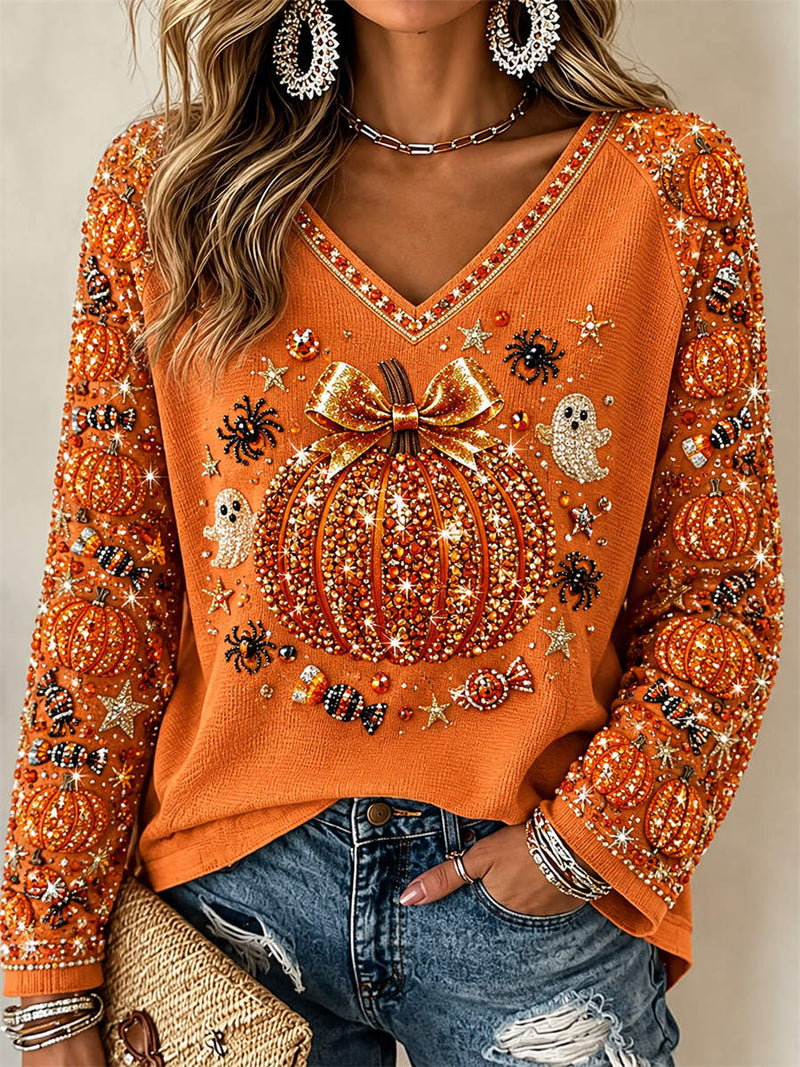 Women's Halloween Orange Pumpkin Graphic V Neck Long Sleeve Top