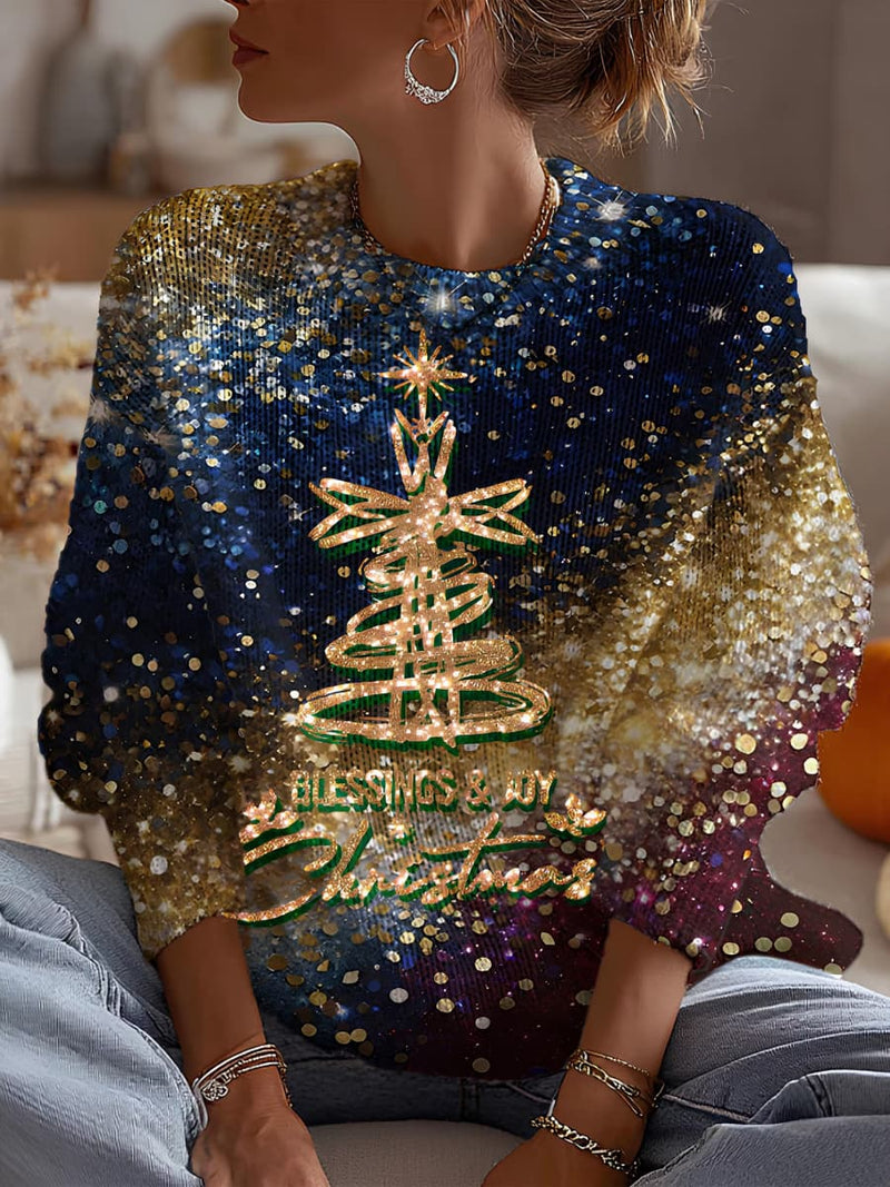 Women's Christmas Blue Christmas Tree Print Round Neck Long Sleeve Top