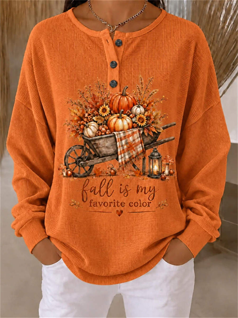 Women's Thanksgiving Orange Pumpkin Wheelbarrow Print Round Neck Long Sleeve Top