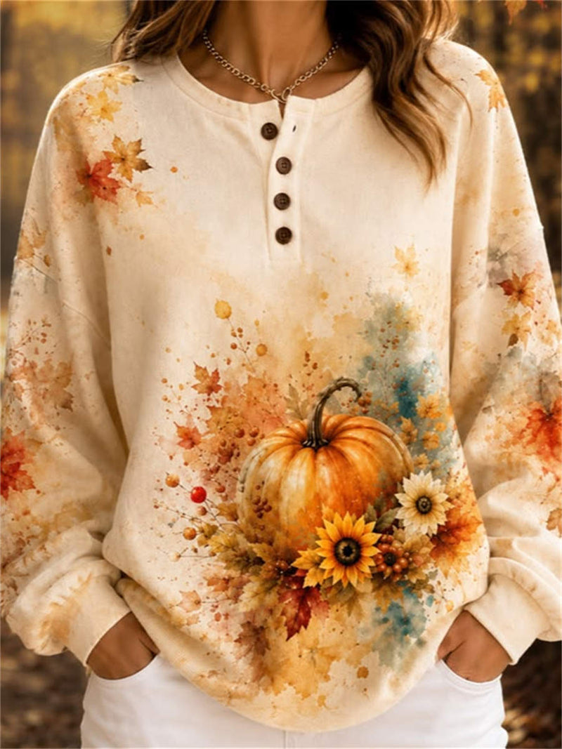 Women's Thanksgiving Beige Pumpkin Floral Print Round Neck Long Sleeve Top