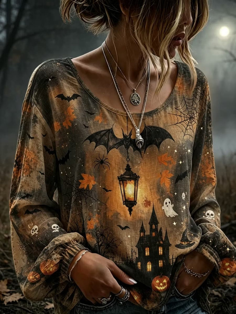 Women's Halloween Multi Bat Pumpkin Ghost Castle Print V Neck Long Sleeve Top