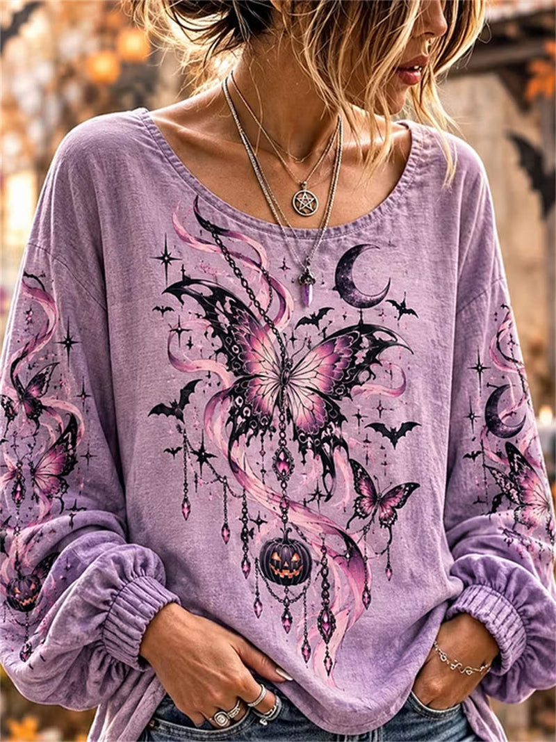 Women's Halloween Purple Butterfly Pumpkin Lantern Print Round Neck Long Sleeve Top