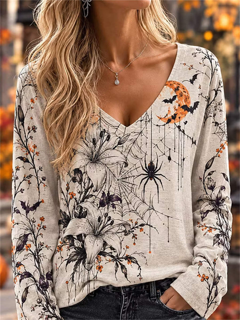 Women's Halloween White Floral Spider Web Moon Bat Print V Neck Long Sleeve Top