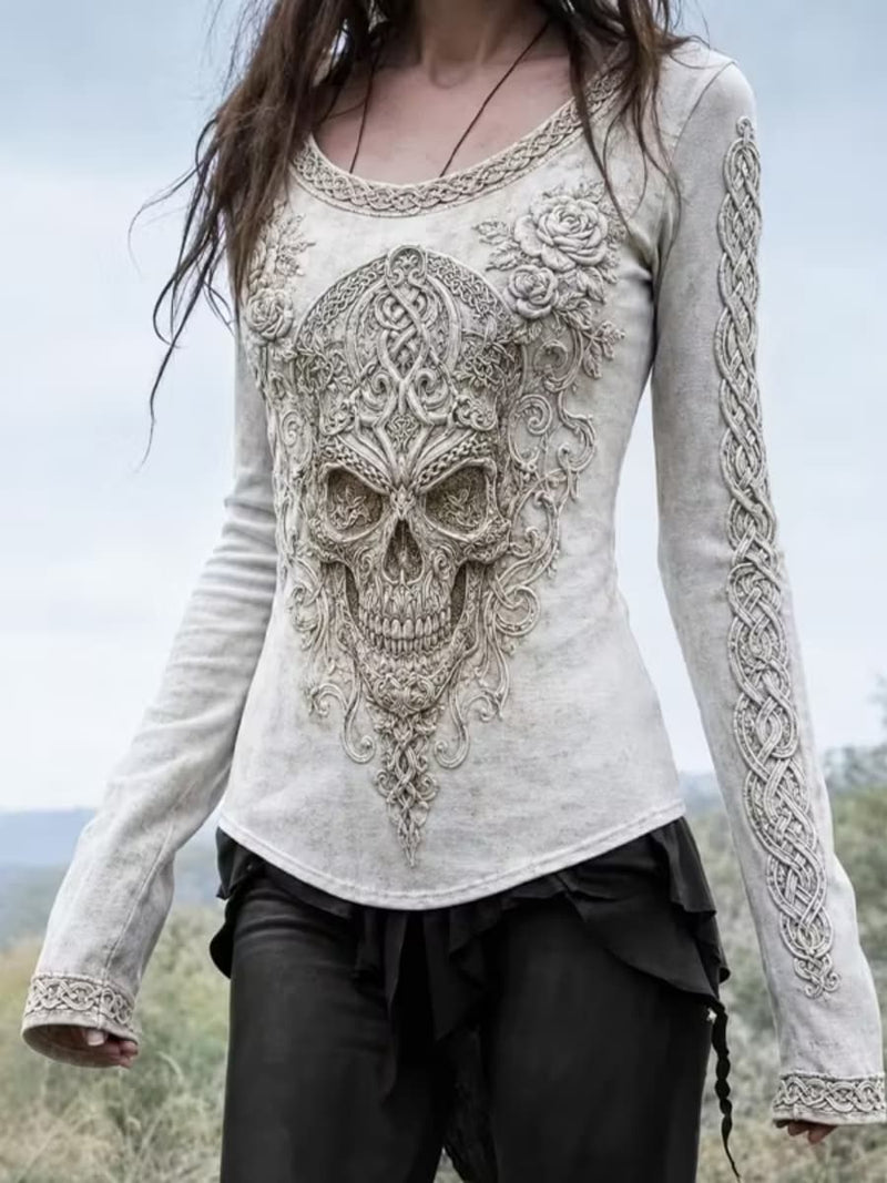 Women's Halloween Multi Gothic Celtic Skull Rose Art Print Round Neck Long Sleeve Top
