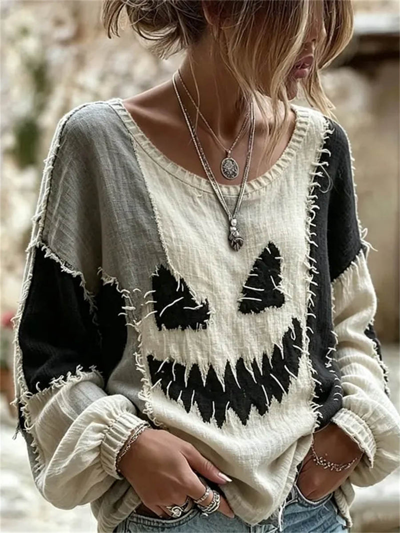 Women's Halloween Multi Pumpkin Face Print Round Neck Long Sleeve Top