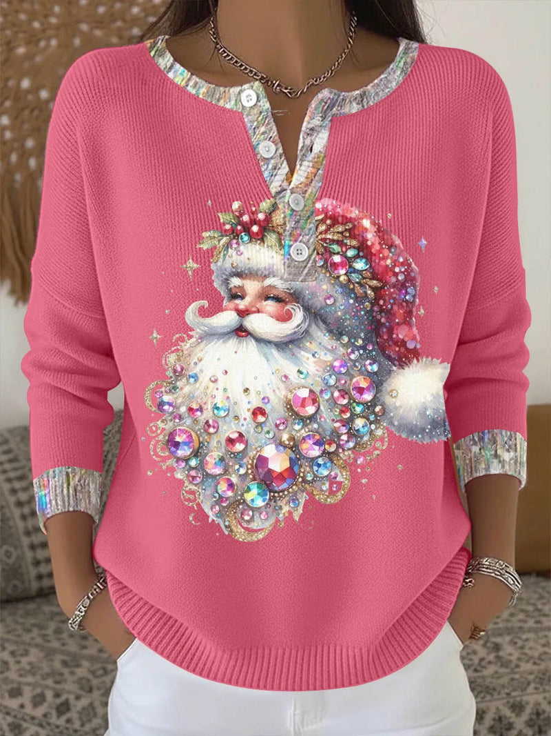 Women's Christmas Pink Santa Claus Print Notch V Long Sleeves Top