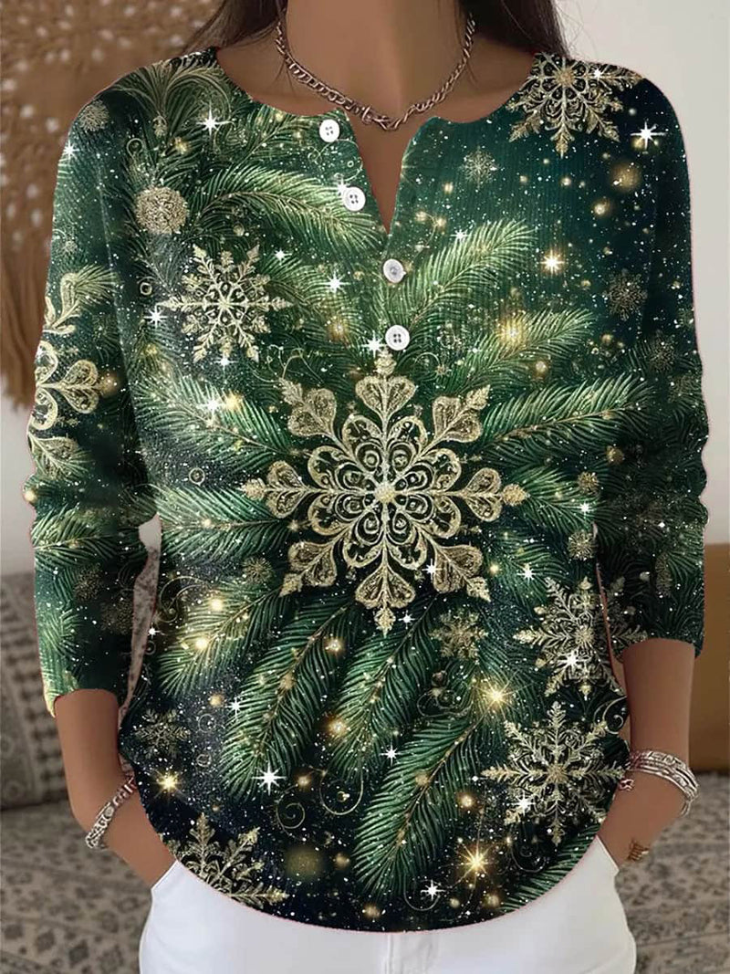 Women's Christmas Dark Green Snowflake Pine Branch Print Henley Long Sleeve Top