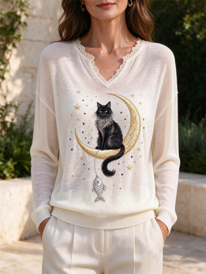 Women's Off White Black Cat On Moon Print V Neck Long Sleeve Top