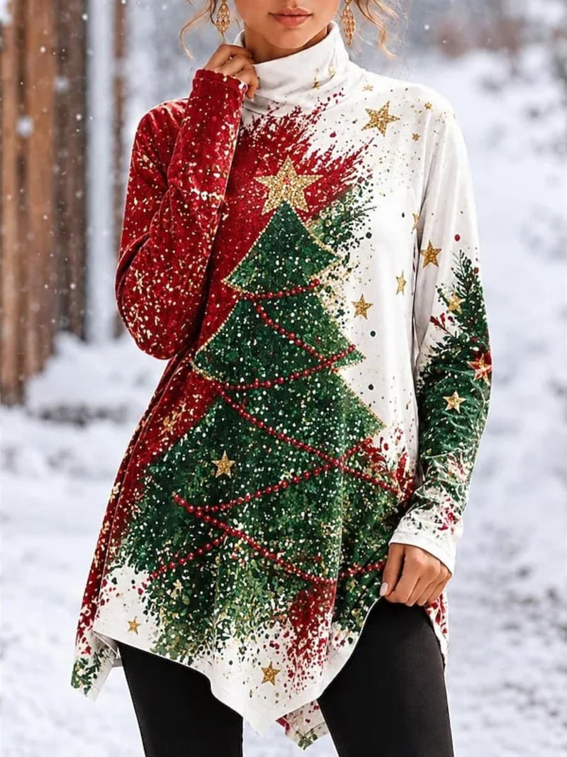 Women's Christmas Multi Christmas Tree Star Print Turtleneck Long Sleeve Top