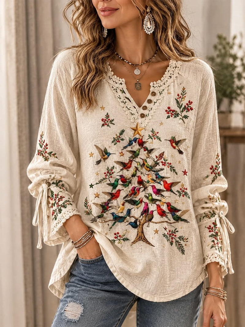 Women's Christmas Cream Christmas Bird Print V Neck Long Sleeve Top