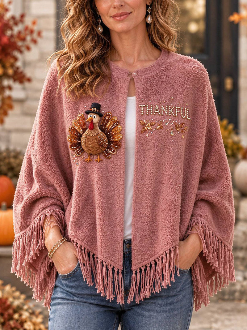 Women's Thanksgiving Pink Turkey Thankful Print Round Neck Cape Top