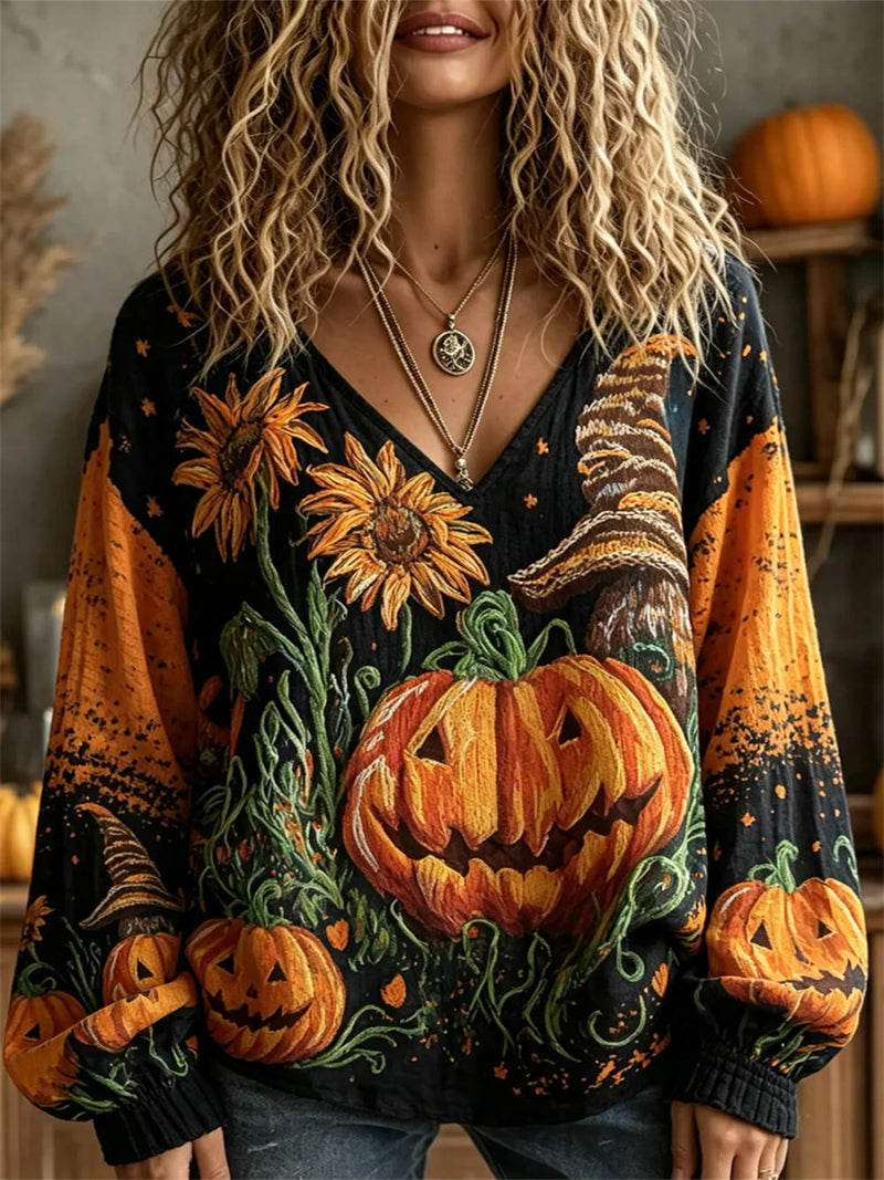 Women's Halloween Multi Pumpkin Sunflower V Neck Long Sleeve Top