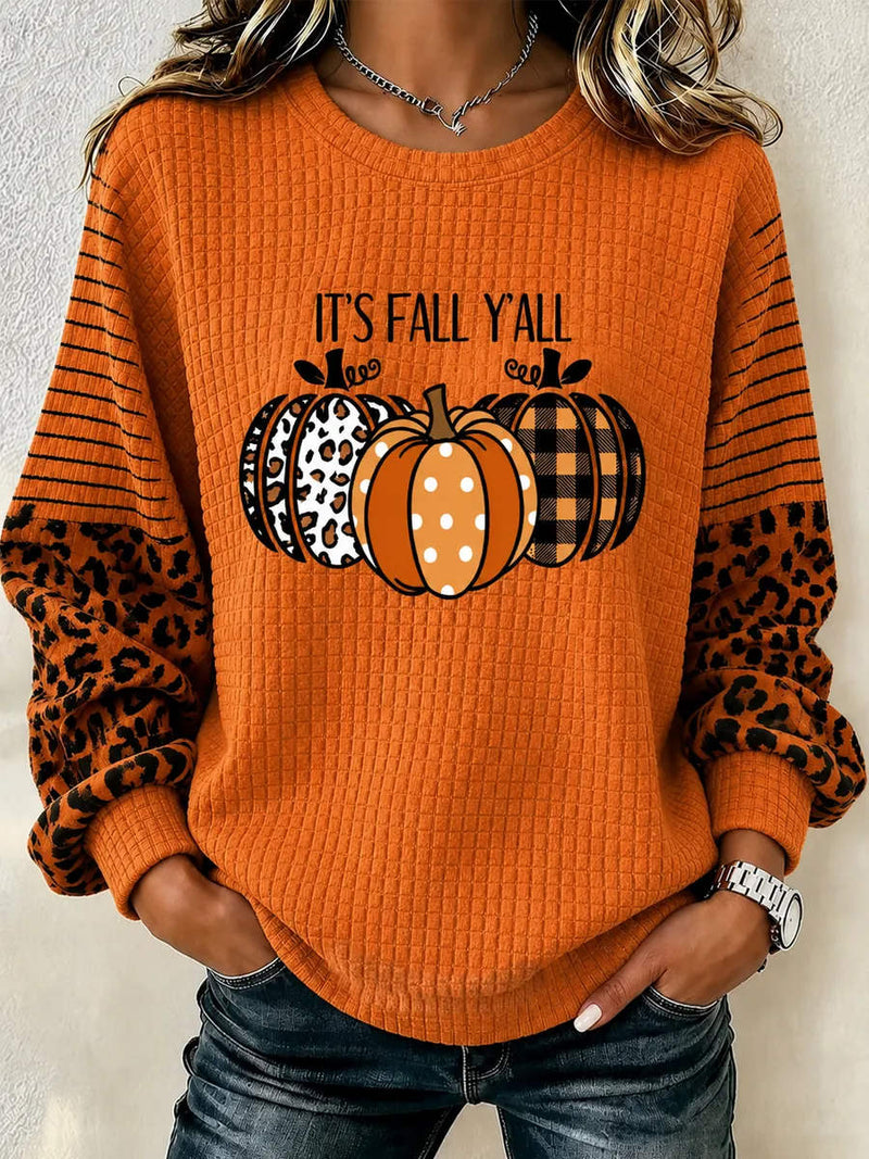 Women's Halloween Orange Pumpkin Leopard Print Crew Neck Long Sleeve Top