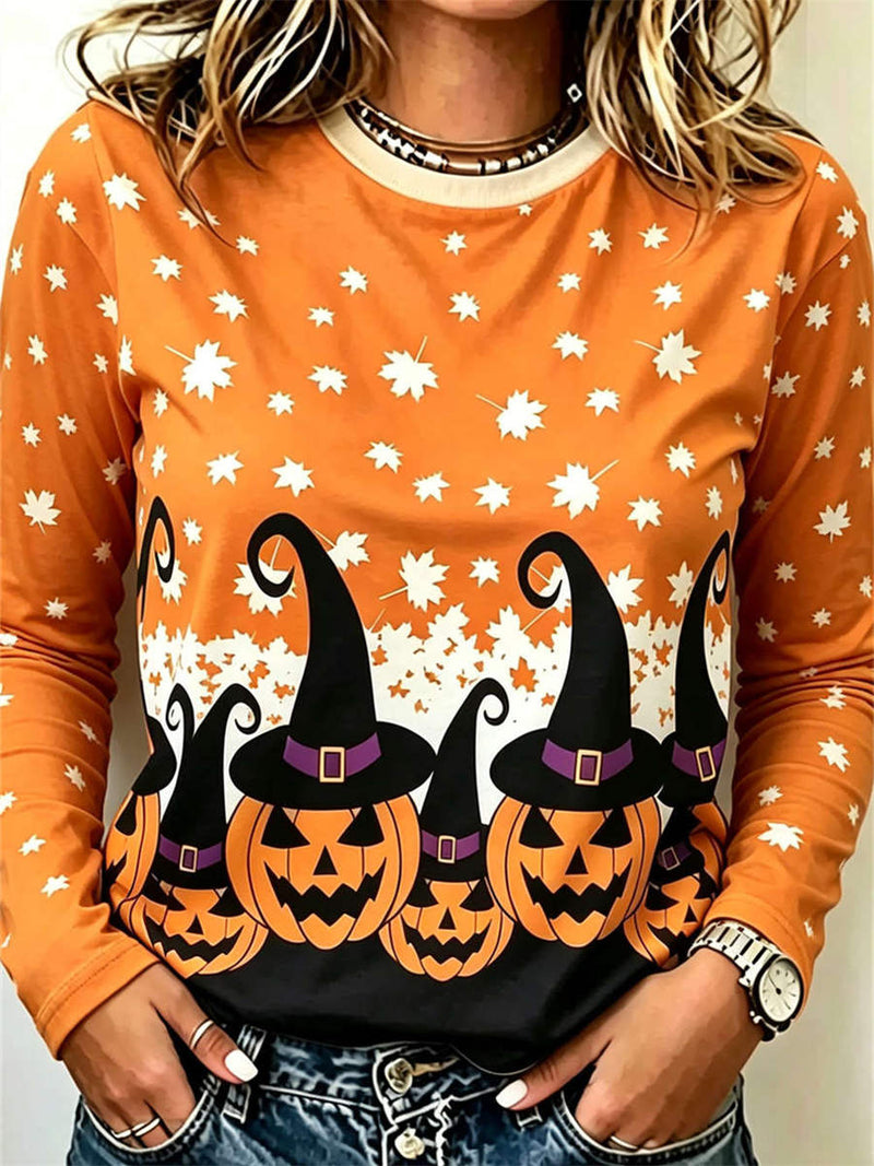 Women's Halloween Orange Pumpkin Leaf Print Round Neck Long Sleeve Top