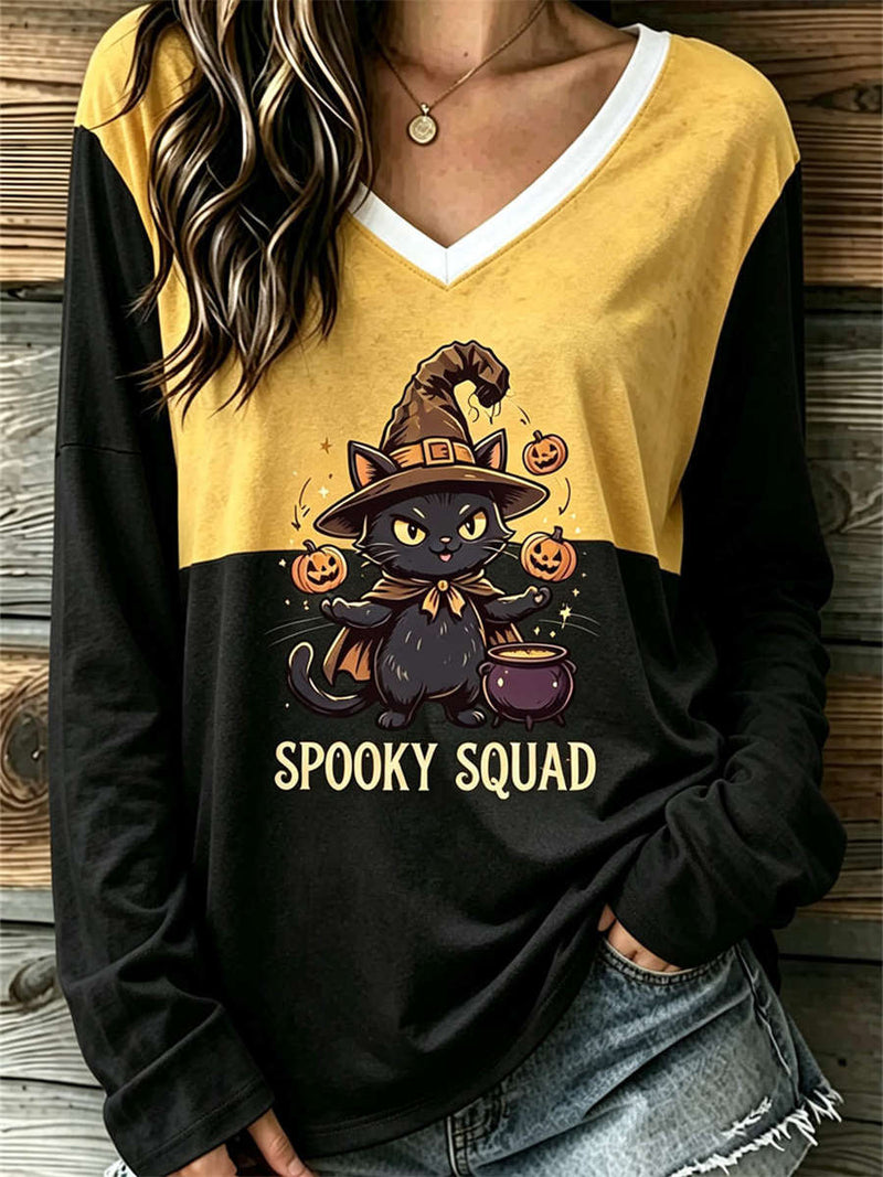 Women's Halloween Yellow Black Cat Witch Print V Neck Long Sleeve Top