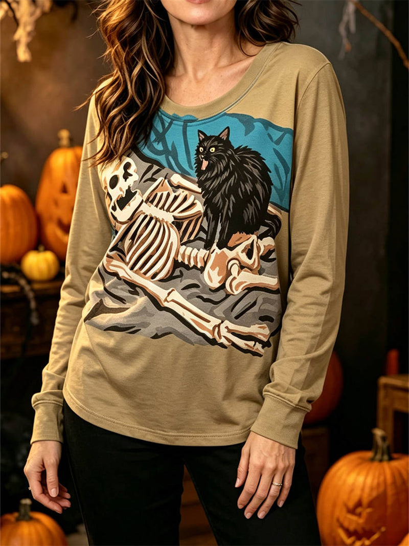 Women's Halloween Khaki Skeleton Cat Print Round Neck Long Sleeve Top