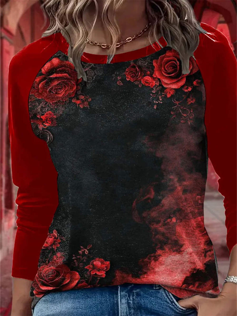Women's Halloween Red Rose Print Round Neck Long Sleeve Top