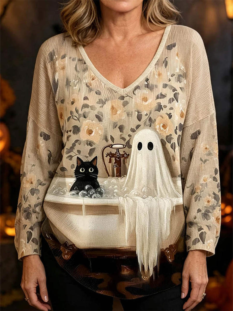 Women's Halloween Beige Ghost Cat Bathtub Print V Neck Long Sleeve Top