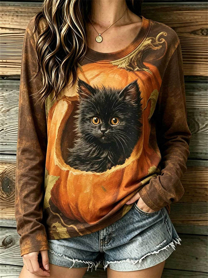 Women's Halloween Brown Pumpkin Cat Print Round Neck Long Sleeve Top