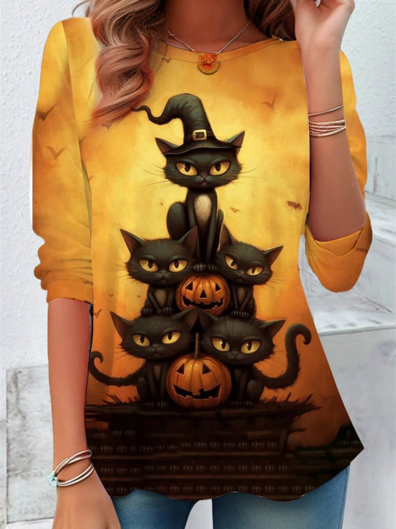 Women's Halloween Yellow Cat Pumpkin Print Round Neck 3/4 Sleeve Top